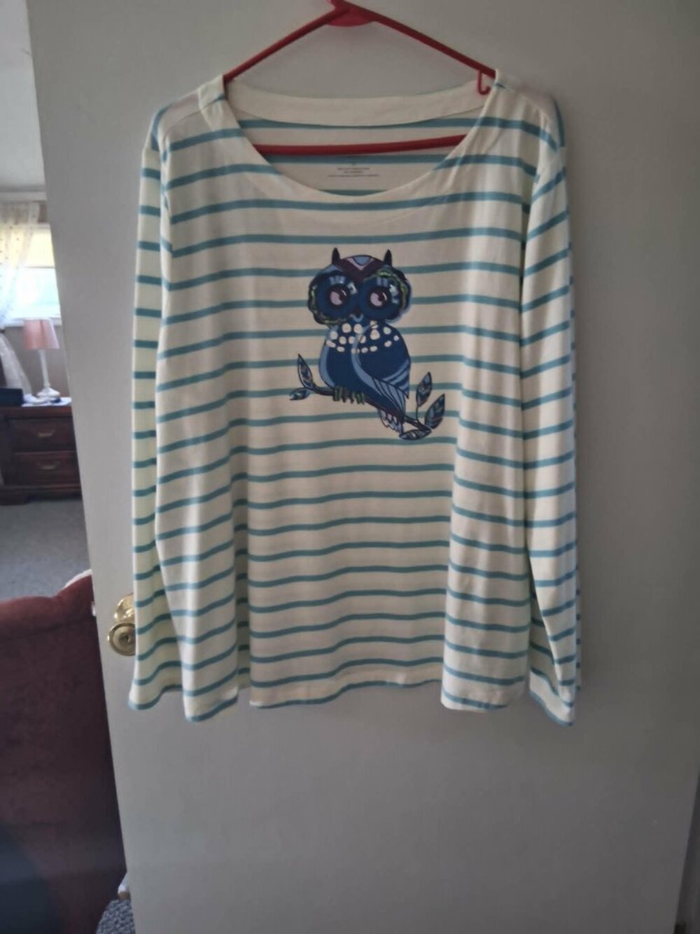 Woman's Talbots top-white and turquoise stripe with Owl 3S